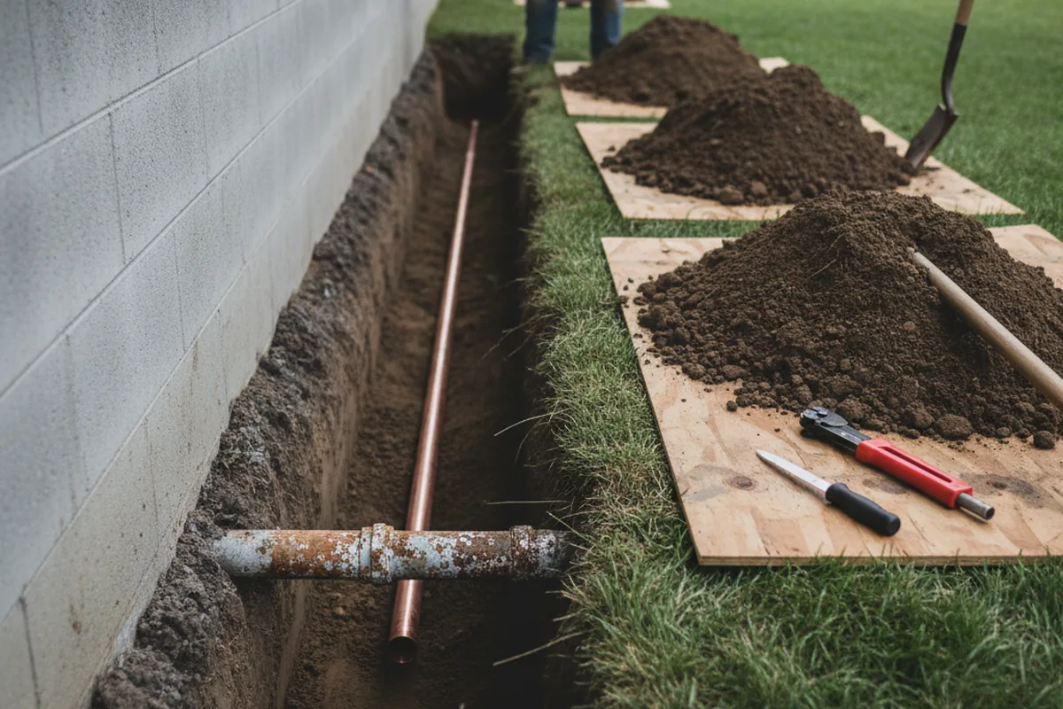 Excavated water line trench during Sewer Line Repair in Doerun